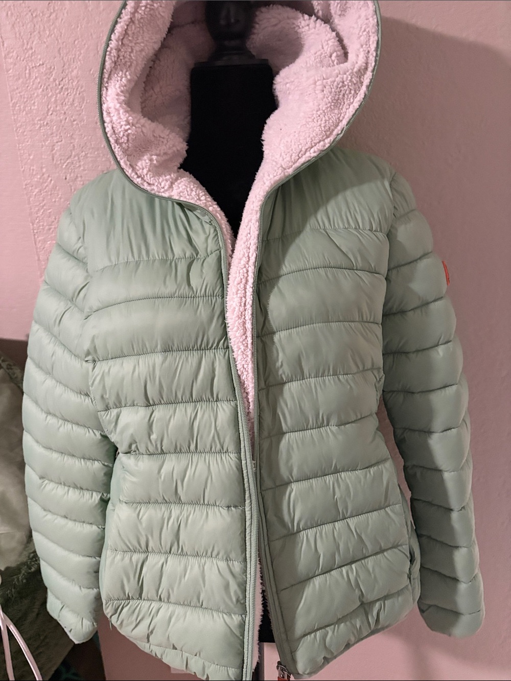 SAVE THE DUCK Light Sage Quilted Puffer Jacket with Sherpa Hood